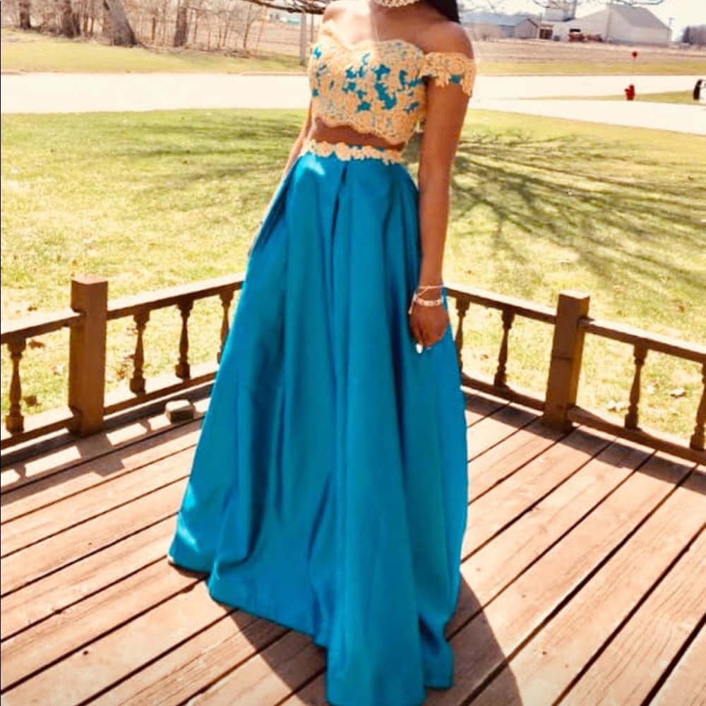 Blue and gold two piece Prom Dress